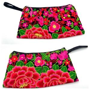 Embroidered Tropical Floral Bird Clutch Makeup Bag Travel Pouch Boho Colorful